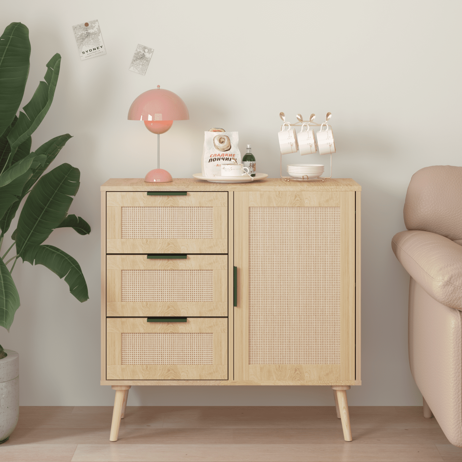 Storage Cabinet with Rattan Door & 3 Drawers, Rattan Cabinet with Adjustable Shelf, Entryway Cabinet, Small Storage Cabinet, Accent Cabinet for Living Room, Dining Room, Entryway