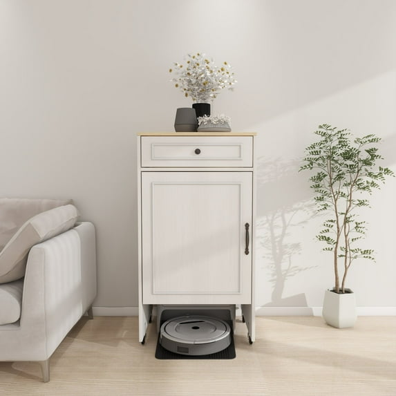 Storage Cabinet, Robot Vacuum Stand Cabinet with 360° Rotating Universal Wheels, Adjustable Shelf, Sweeping Robot Storage Rack with Doors and Drawers, for Living Room, Hallway, Entryway, Antique White