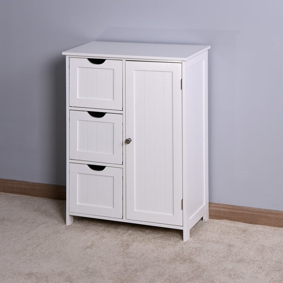 Storage Cabinet, SYNGAR Free Standing Wooden Cabinet with 3 Drawers, Floor Bathroom Cabinet w/ 1 Door with 2 Tiers Storage Shelf, Entryway Storage Cupboard, Storage Organizer for Bedroom, White, D3364