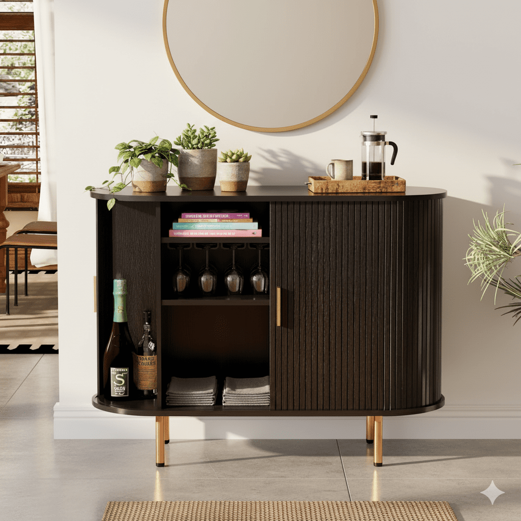 TiramisuBest Sideboard Buffet Cabinet with Storage, 40" Storage Cabinet with Fluted Tambour Sliding Doors & Adjustable Shelf for Entryway, Kitchen, Home Bar (Black)