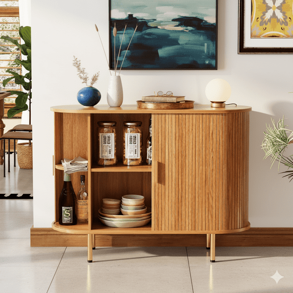 TiramisuBest Sideboard Buffet Cabinet with Storage, 40" Storage Cabinet with Fluted Tambour Sliding Doors & Adjustable Shelf for Entryway, Kitchen, Home Bar (Yellow Walnut)