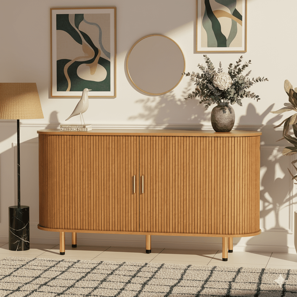 TiramisuBest Sideboard Buffet Cabinet with Storage, 55" Storage Cabinet with Fluted Tambour Sliding Doors & Adjustable Shelf for Entryway, Kitchen, Home Bar (Yellow Walnut)