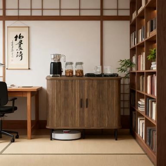 Storage Cabinet Sideboard Buffet Cabinet with Storage, Nordic Coffee Bar Cabinet with Slatted Tambour Doors and Metal Legs, Walnut
