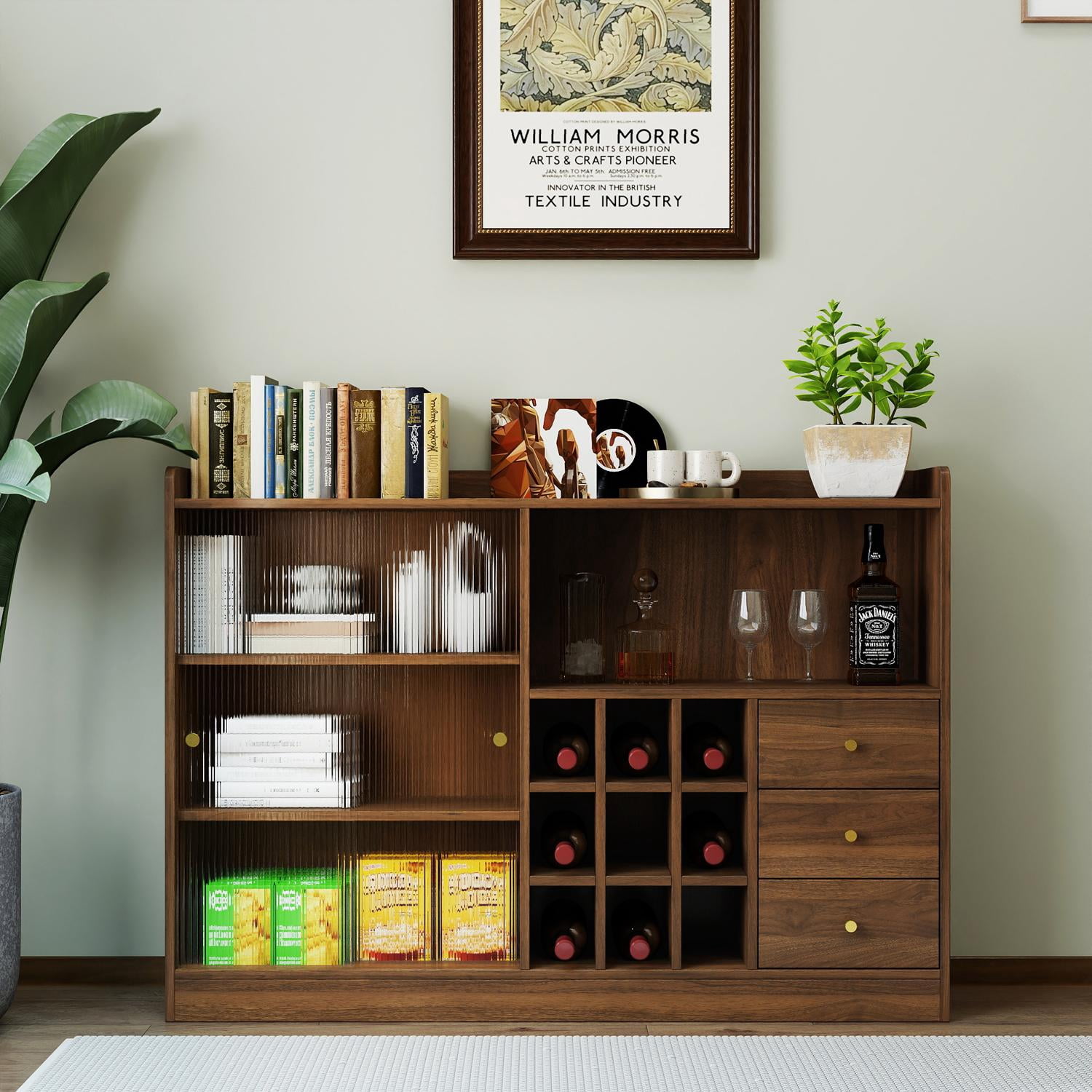 Storage Cabinet, Sideboard with 2 Sliding Glass Doors and Three Storage Tiers, for Dining Room Living Room Kitchen, Walnut Finish