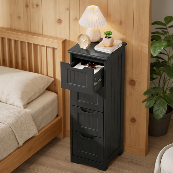 Storage Cabinet, Small Free Standing Narrow Cabinet with 4 Drawers for Living Room, Bedroom, Bathroom,Black