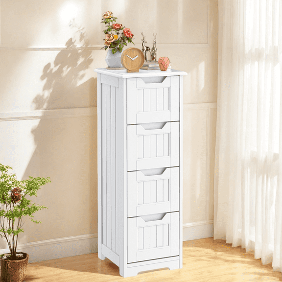 Storage Cabinet, Small Free Standing Narrow Cabinet with 4 Drawers for Living Room, Bedroom, Bathroom,White