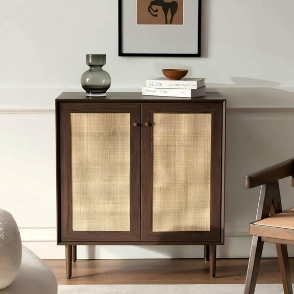 Storage Cabinet with Square Natural Rattan Door, Boho Wood Buffet Cabinet with Magnetic Waterproof Design, Large Buffet Sideboard for Kitchen Living Room - Walnut