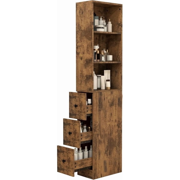 Storage Cabinet Tall Narrow Bathroom Organizer with 3-Level Adjustable Shelves Slim Free Standing Space Saver for Living Room Kitchen, Rustic
