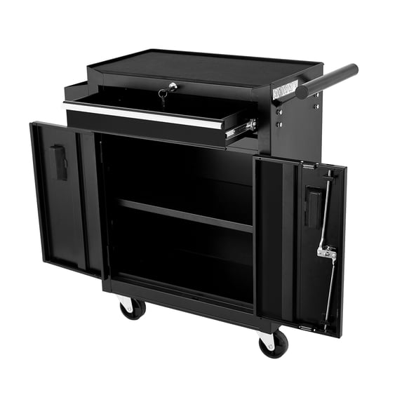 Storage Cabinet Tool Cart with 1 Drawer and Lockable Door, Four Wheels, Black Color, EVA Cushion,Industrial Service Utility Tool Cart for Mechanics, Garage, Workshop