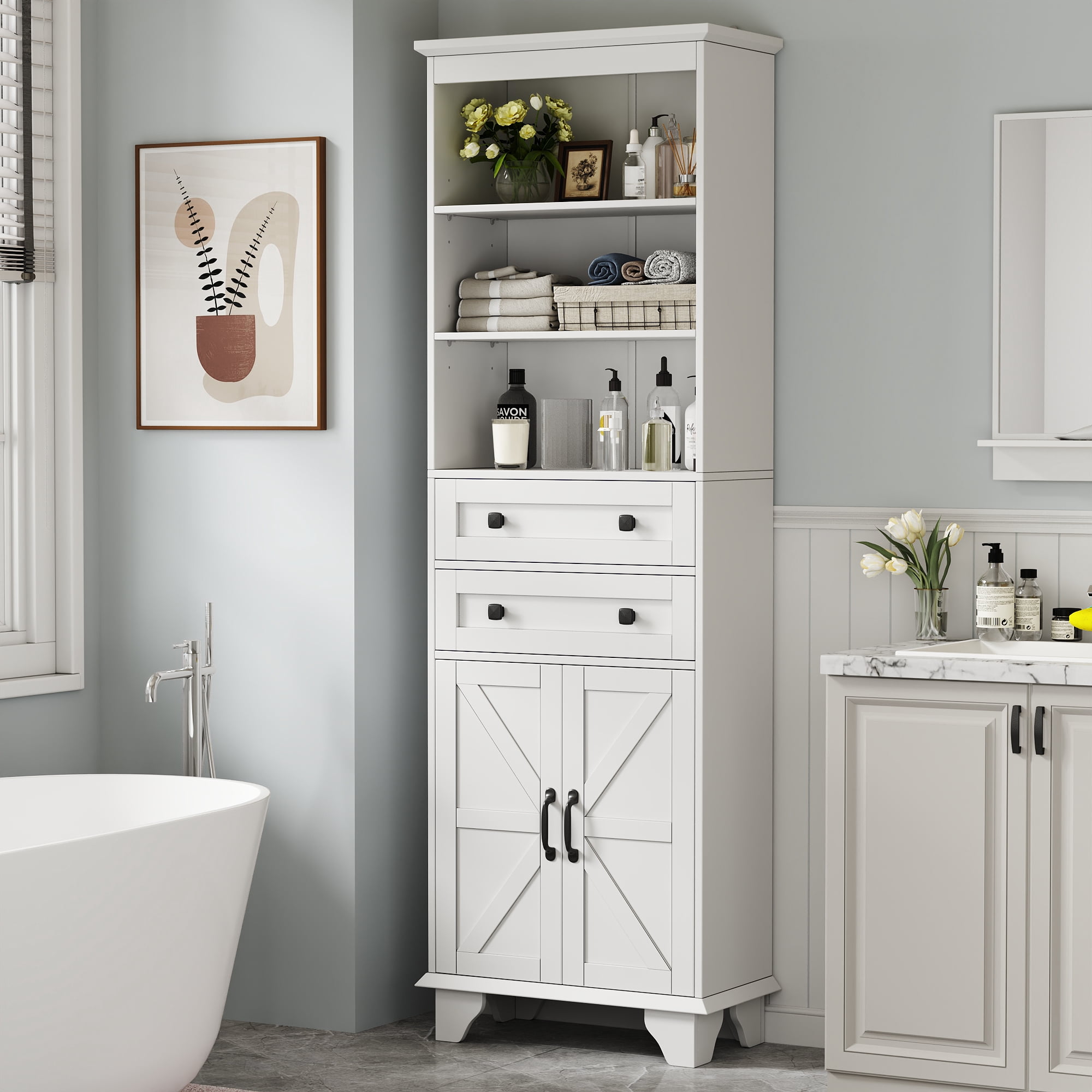 Storage Cabinet, White Tall Cabinet with 2 Drawers, Farmhouse Bathroom Storage Cabinet for Bathroom, Bedroom, Living room，Laundry