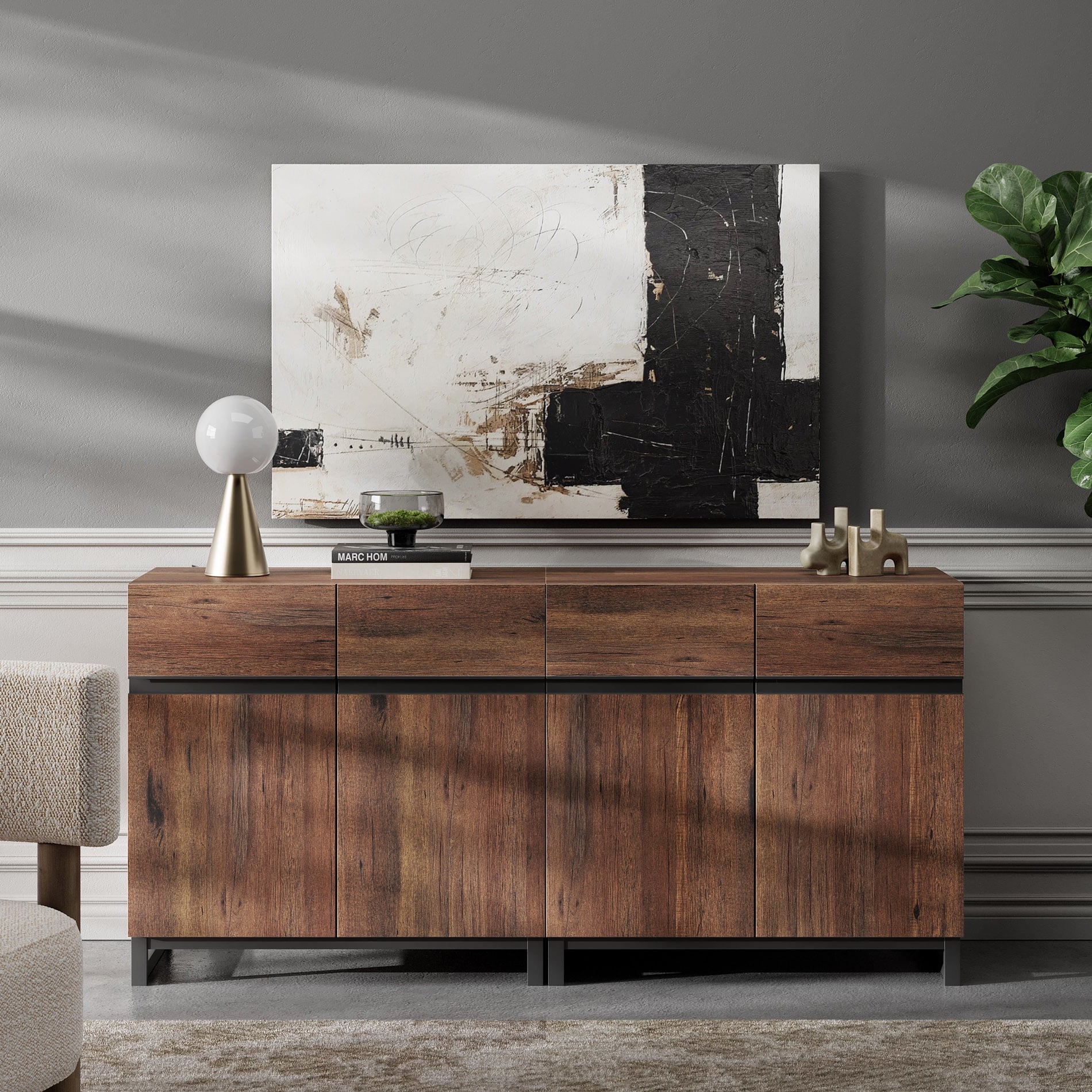 Storage Cabinet With Adjustable Shelf and Metal Base Walnut