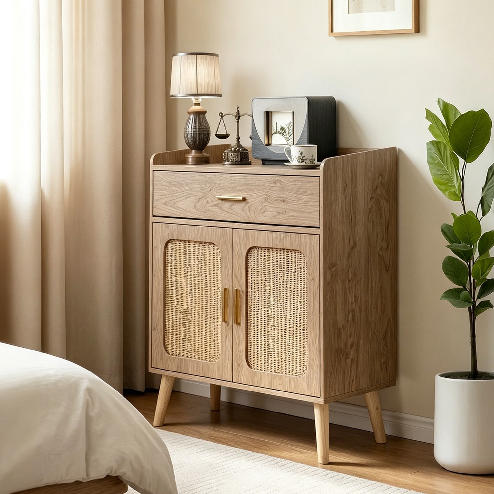 Storage Cabinet with 1 Drawer and 2 Doors, Farmhouse Buffet Sideboard and Floor Storage Cabinet with Solid Wood Feet for Kitchen Living Room, Natural
