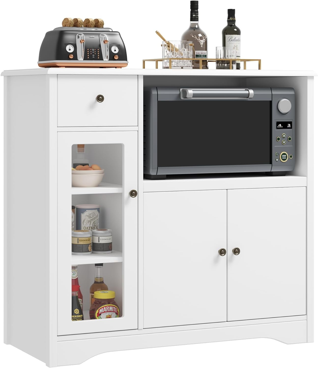 Storage Cabinet with 3 Doors and 1 Drawer, Buffet Cabinet Sideboard with Adjustable Shelves, Microwave Stand Cabinet for Kitchen, Dining Room, White