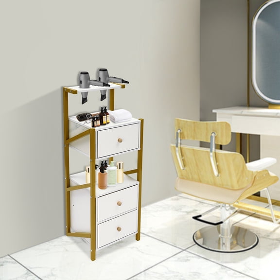 Storage Cabinet with 3 Drawers, Salon Station Makeup Organizer Shelf with Hair Dryer Holders, Salon Makeup Holder