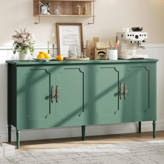 Storage Cabinet with 4 Doors 59" Large Sideboard Buffet Cabinet with Adjustable Shelves Wood Coffee Bar Cabinet for Living Dining Room Kitchen