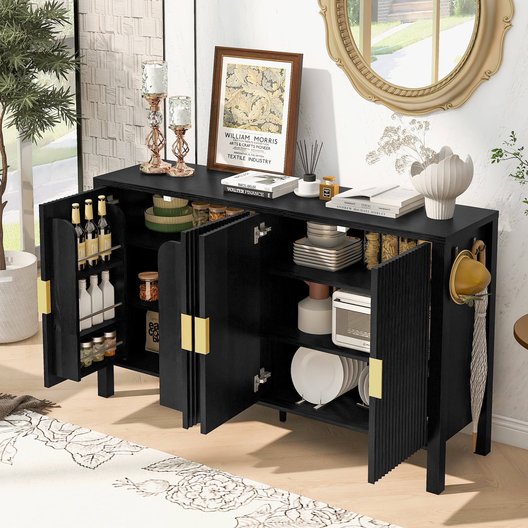 Storage Cabinet with 4 Doors, Modern Sideboard with Back-of-Door Racks & Side Hooks, Adjustable Shelves, 57.5" x 15.7" x 35.2", Black