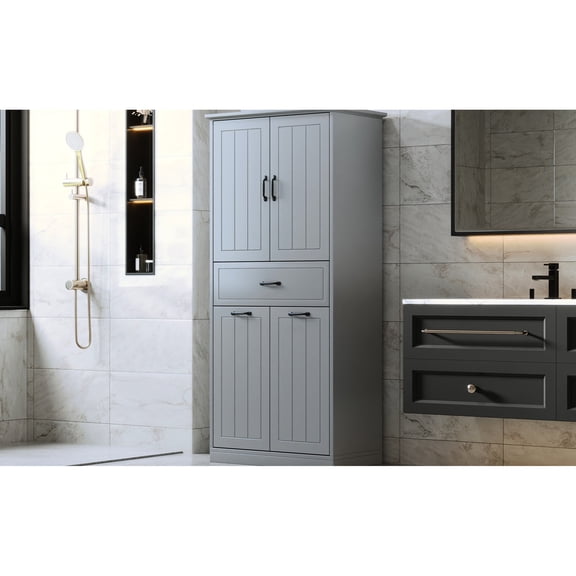 Storage Cabinet with Adjustable Shelf | Soft Close Hinges and Black Handles | In Bathroom or Laundry Space