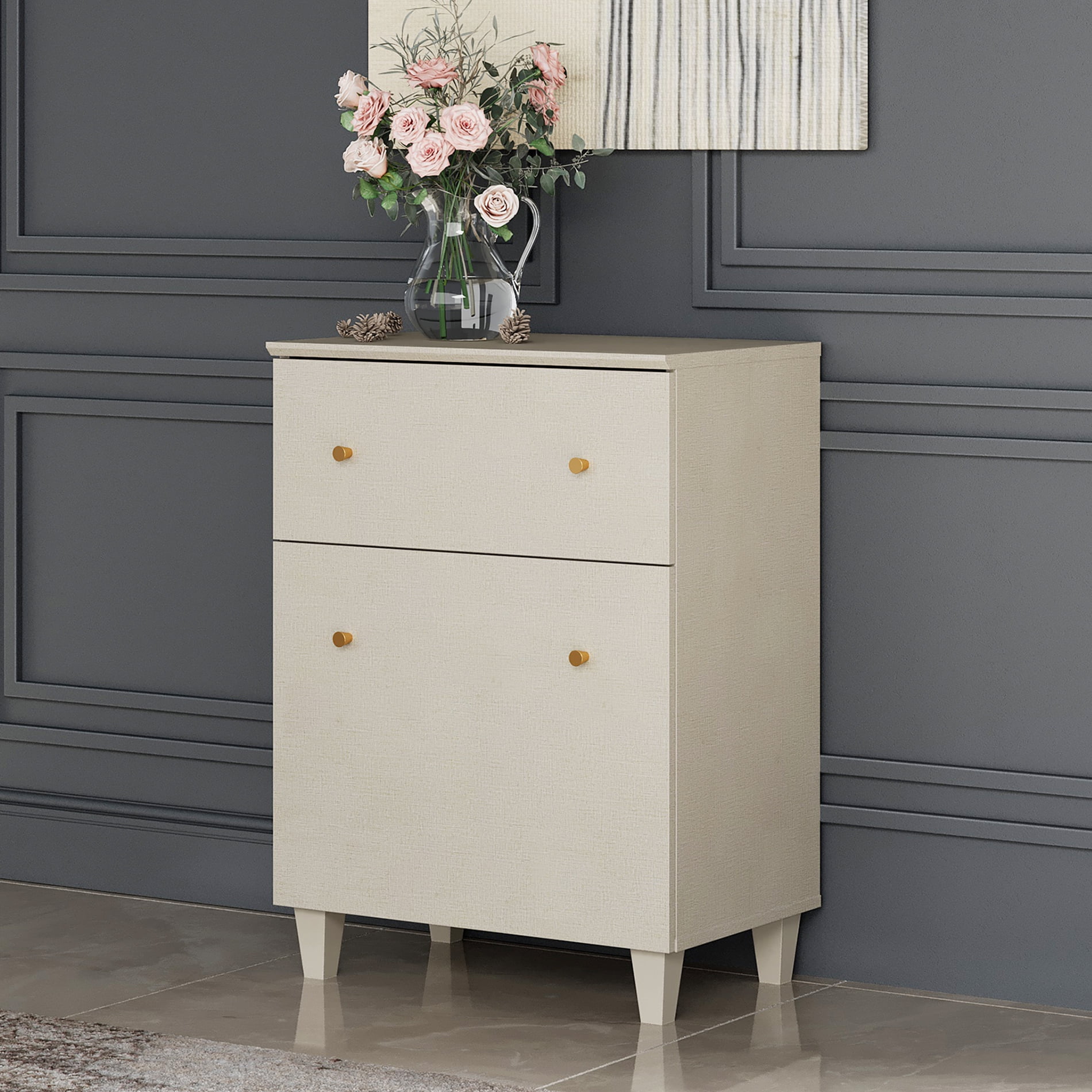 Storage Cabinet with Drawer and Door for Living Room Entryway, Beige Side Organizer Floor Cabinet with Adjustable Shelf, 32.4" H, 1 Pack