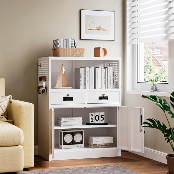 Storage Cabinet with Drawers, 41.3" Steel Lockable Storage Cabinet with Doors and Side Pegboard, Metal Cabinet for Garage, School, Home Office, White