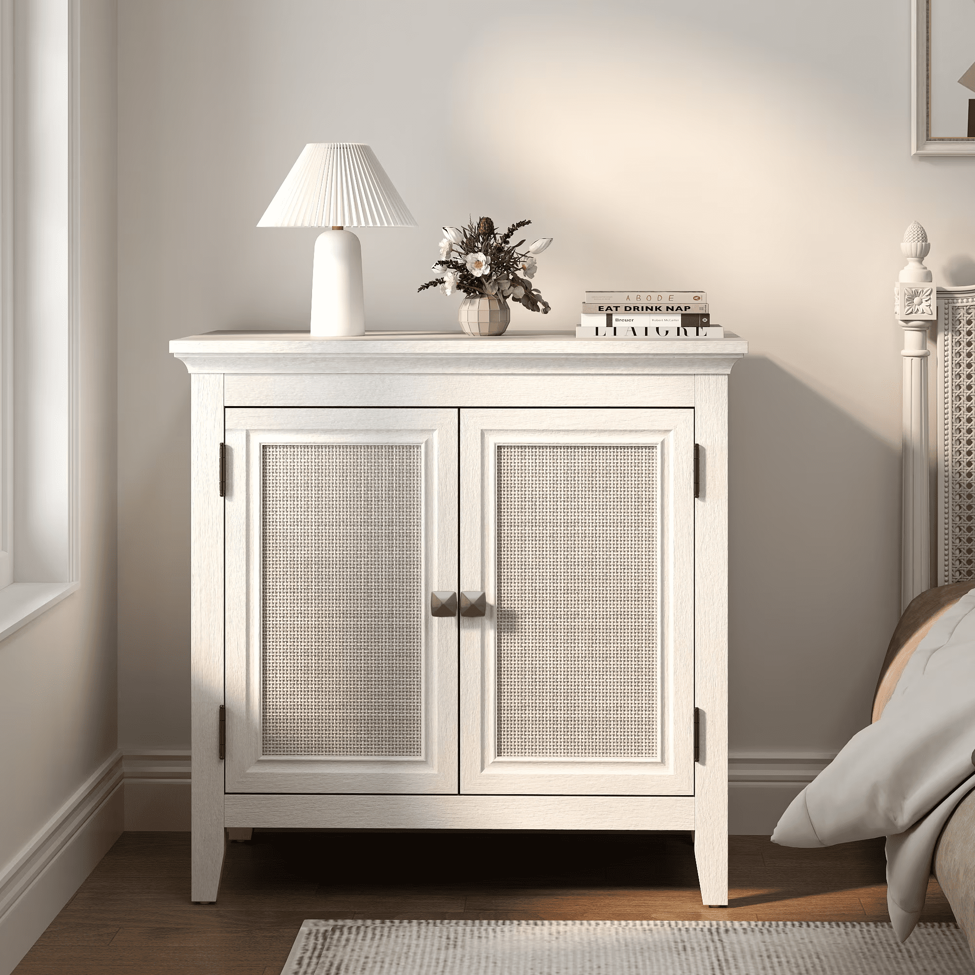 TrumanPick 3-Shelf Storage Cabinet with Rattan Decor Doors, Adjustable Shelf Sideboard Buffet for Kitchen, Hallway, Living Room, White