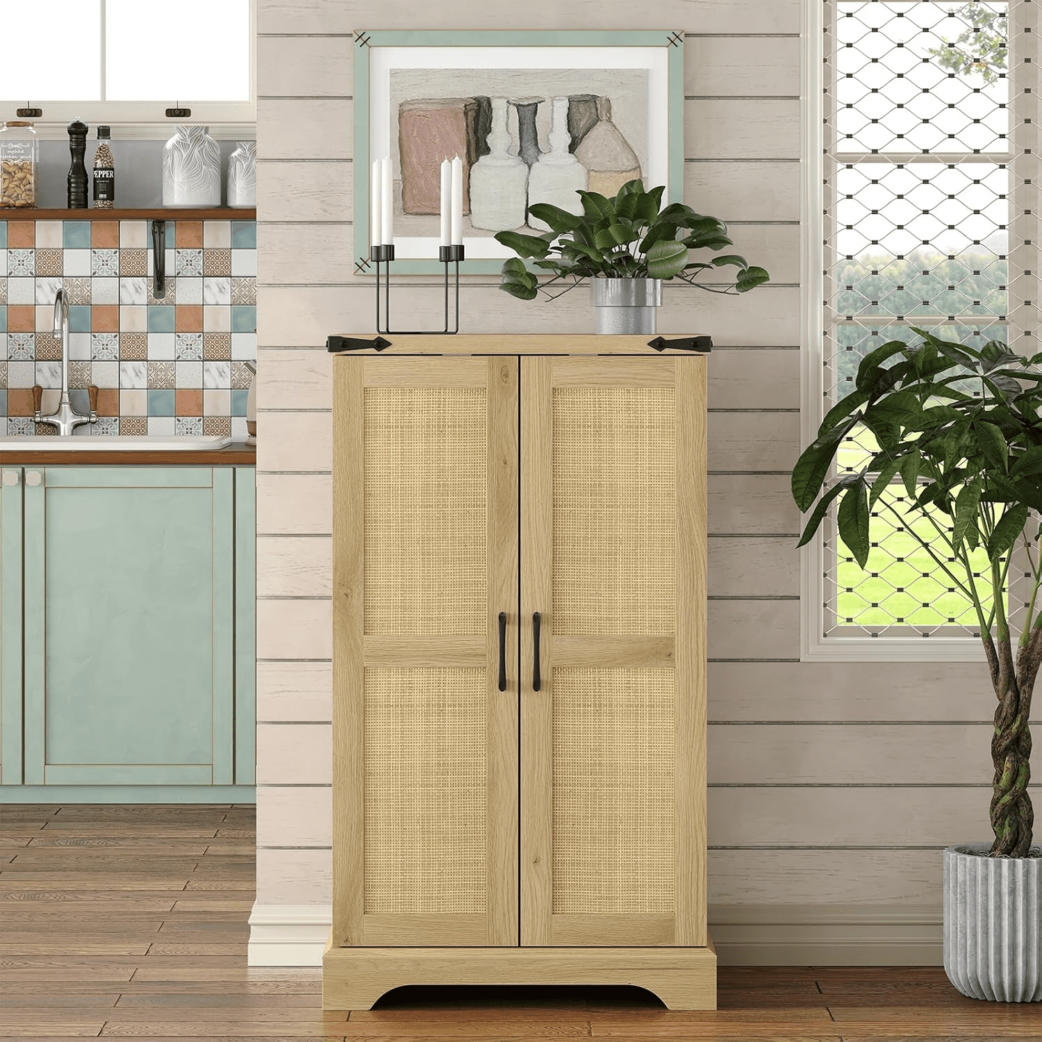 Storage Cabinet with Rattan Doors 24 inch Wide Pantry Cabinet Organizer Wood 23.5 inchW x 15.5 inchD x 41.5 inchH Cupboard Brown