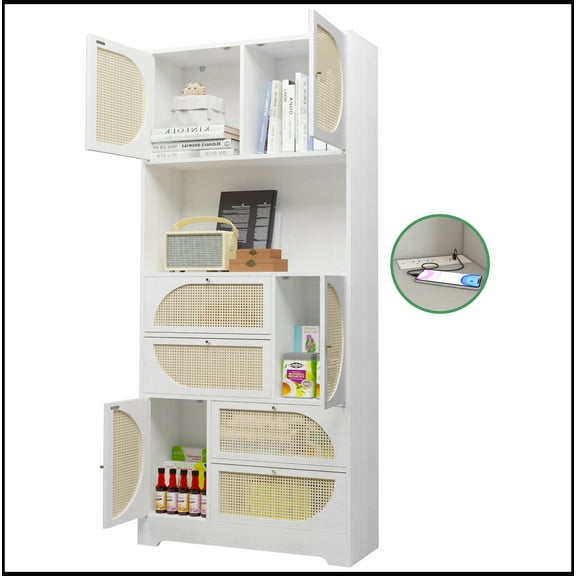 Storage Cabinet with Rattan Doors, Tall Freestanding Hutch Cabinet with Power Outlet,4 cabinet door