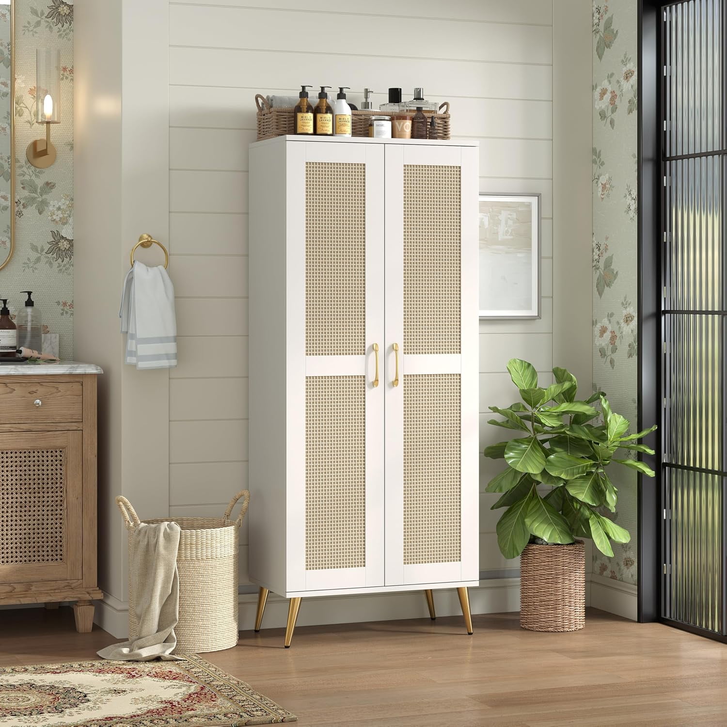 Storage Cabinet with Rattan Doors and Adjustable Shelves Bathroom Floor Cabinet 57.48" H Boho ...