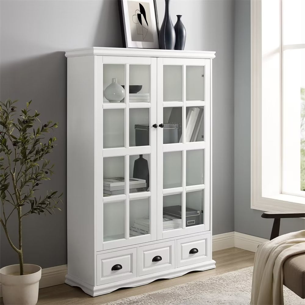 White Tall Storage with Tempered Glass Doors, Adjustable Shelf