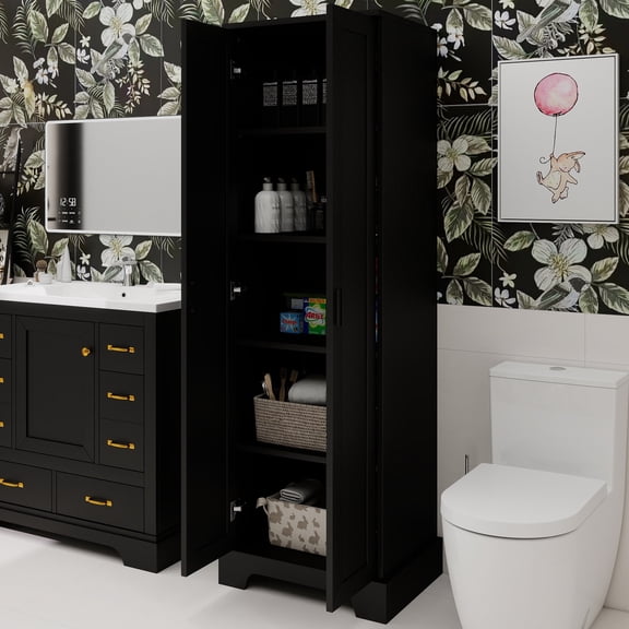 Storage Cabinet with Two Doors for Bathroom, Office, Adjustable Shelf, MDF Board, Black