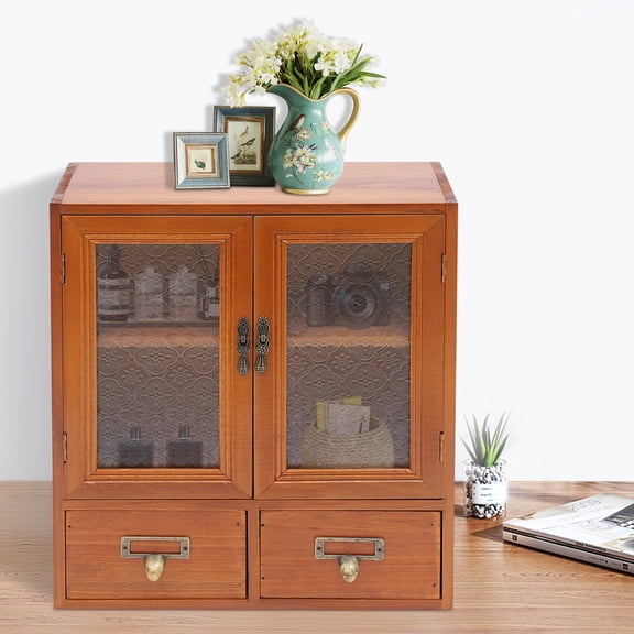 Storage Cabinets, 2 Door Storage Cabinet with 2 Drawers, Removable Shelf, Pine Wood and Glass Construction, Magnetic Closure, for Bedroom, Vanity, Bar, Home Decor, Organizer