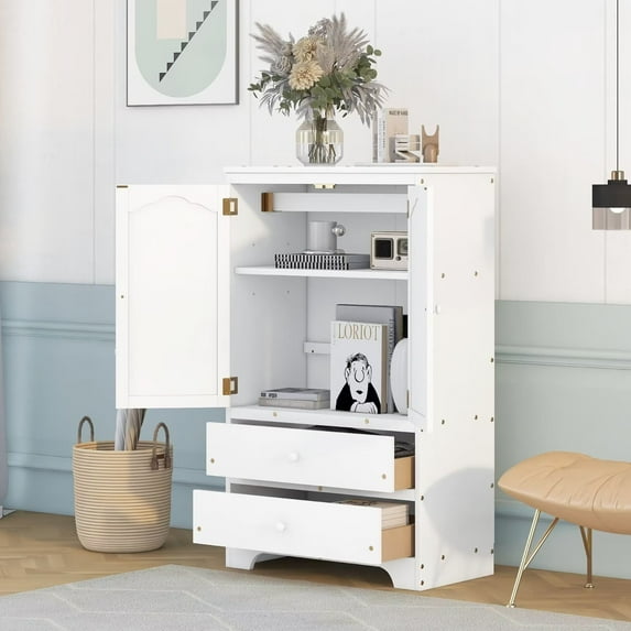Storage Cabinets with 2 Drawers and 2 Doors, Modern Kids Bedroom Wardrobe with 1 Cabinet and 1 Clothes Hanger, Multifunctional Closet Pantry Cabinet for Home Office, White