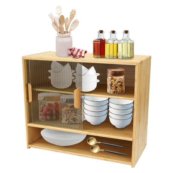 Storage Cabinets Small Bamboo Kitchen Pantry Sideboard Freestanding Countertop Storage Cabinet,Log-colored