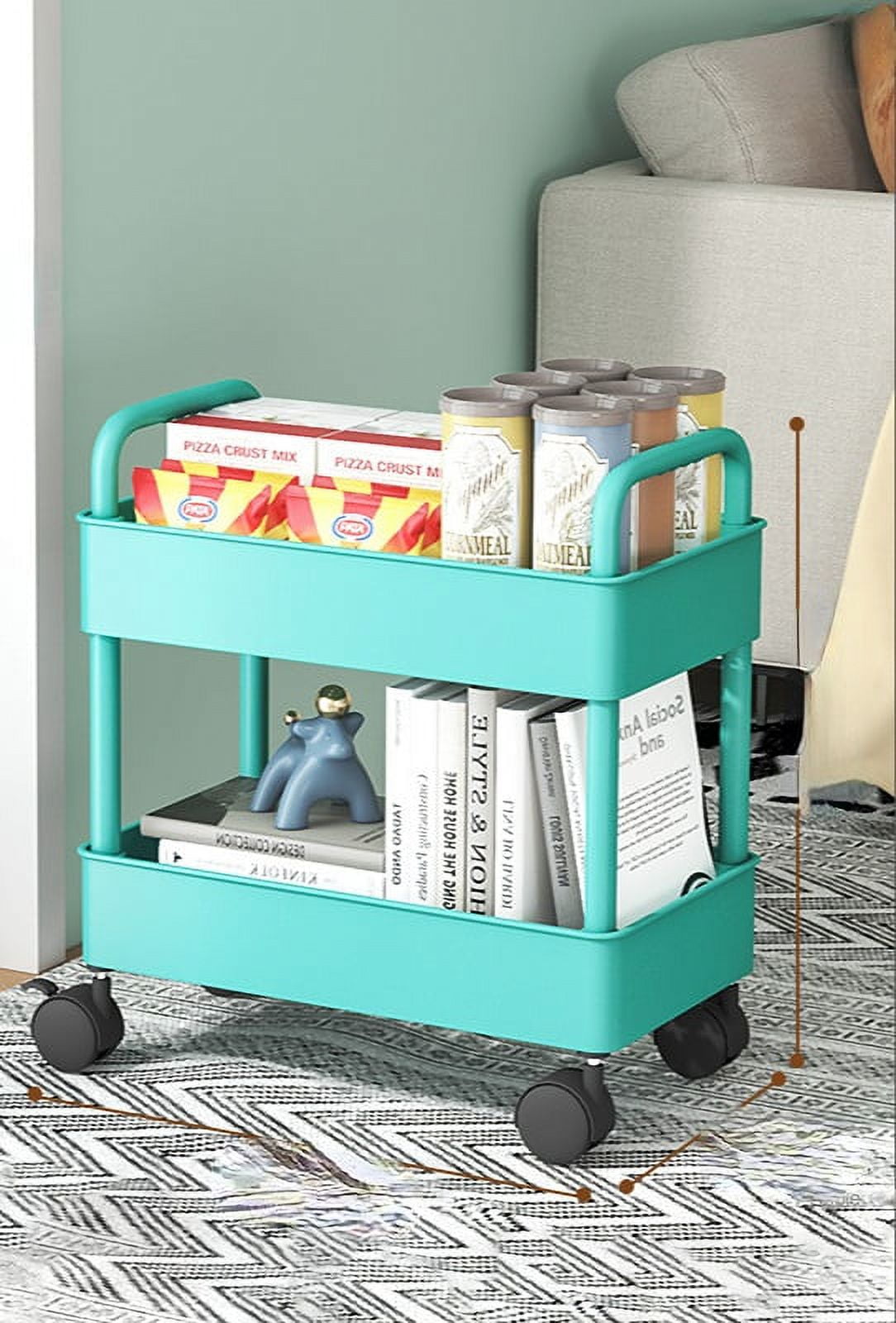 Storage Car 2 Level Mobile Shelf Unit Organizer, Practical Rolling
