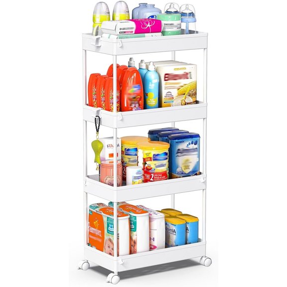 Storage Cart, 4-Tier Mobile Shelving Unit, Bathroom Rolling Cart Utility Storage Organizer Shelf for Kitchen Living Room Bathroom Laundry Room & Dressers, White