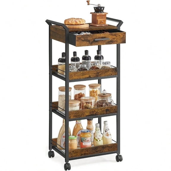 Storage Cart 4Tier Rolling Utility Cart with Table Top Handles 4 Lockable Casters Top Drawer Mesh Shees for Kitchen Bathroom Bedroom Rustic Brown and Ink Black ULRC049K01