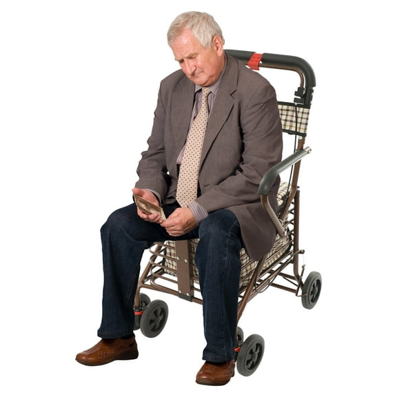 Storage Cart for Olders with Seat, Foldable Rolling Walker with Seat for Seniors, Walking Aids with Seat, Carbon Steel Frame, Large Wheels, Shopping Basket, Brake System, Adjustable Backrest, Bronze