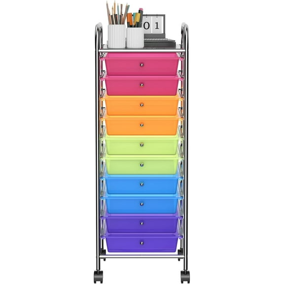 Storage Cart, Rolling Utility Cart with 10 Drawers, Portable Handles & Lockable Wheels,Rainbow