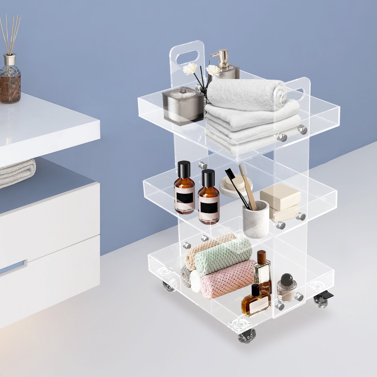 Storage Cart, Utility Cart, Clear Acrylic 3-Tier Rolling Side Table ...