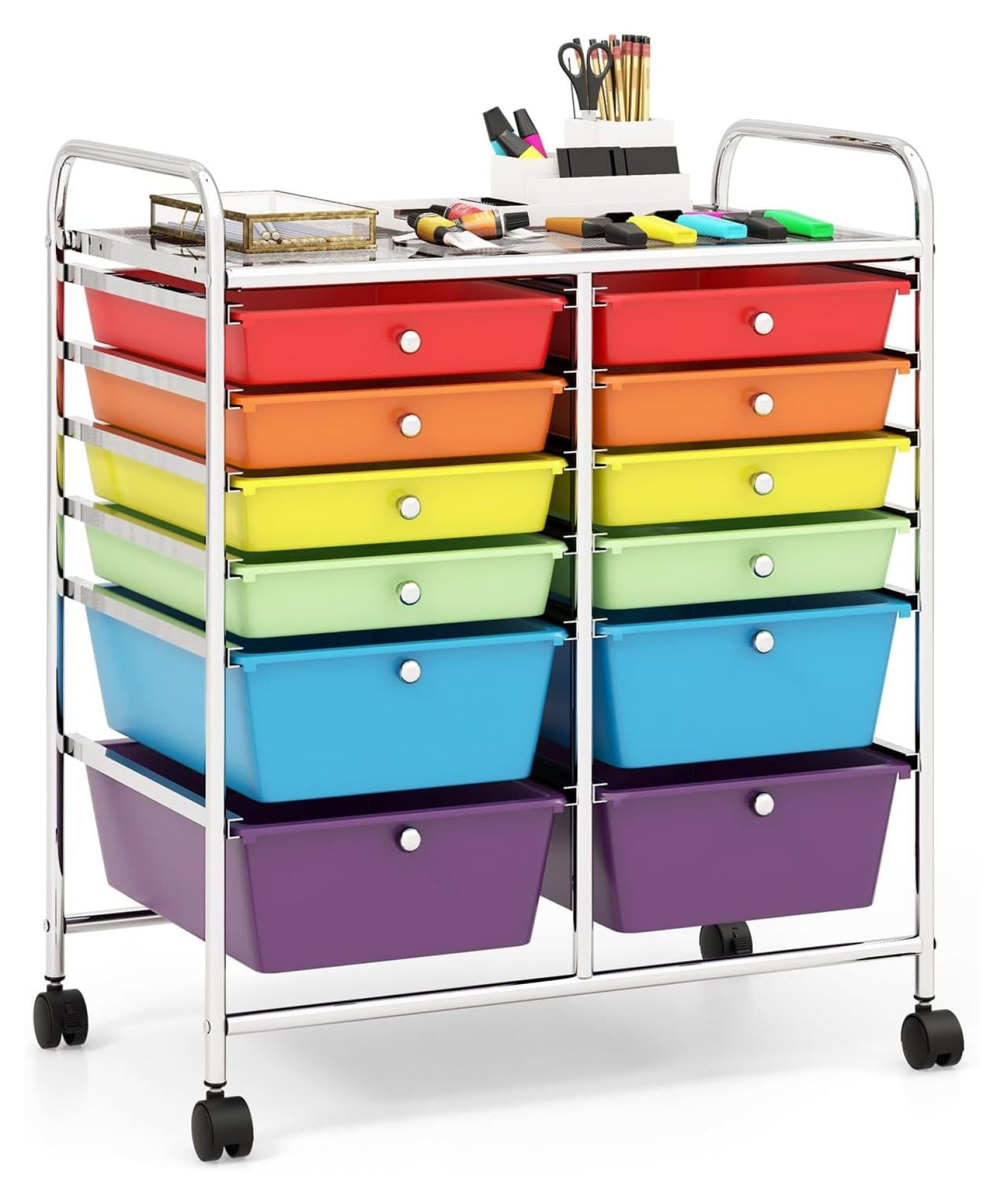Multicolor 12-Drawer Rolling Storage Cart with Chrome Frame