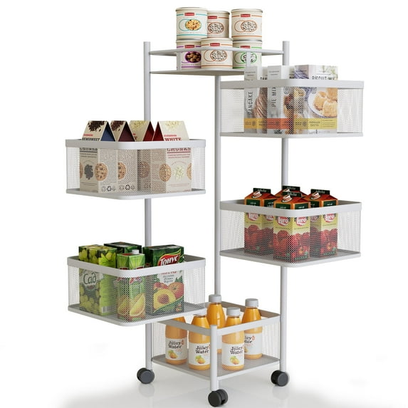 Storage Cart for Kitchen with 5 Swivel Shelves and Rolling Wheels with Lock Option in White