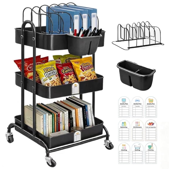 ABCKEY 3-Shelf Multifunction Mobile Utility Rolling Cart, Kitchen Storage Organizer with Lockable Wheels, Black Iron, 1 Pack, 16 x 29 x 13 inch