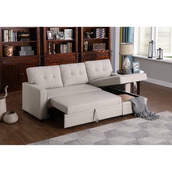 Storage Chaise, Pull - out 3 - Seat Sofa in Beige Linen - Good for Overnight Party Guests
