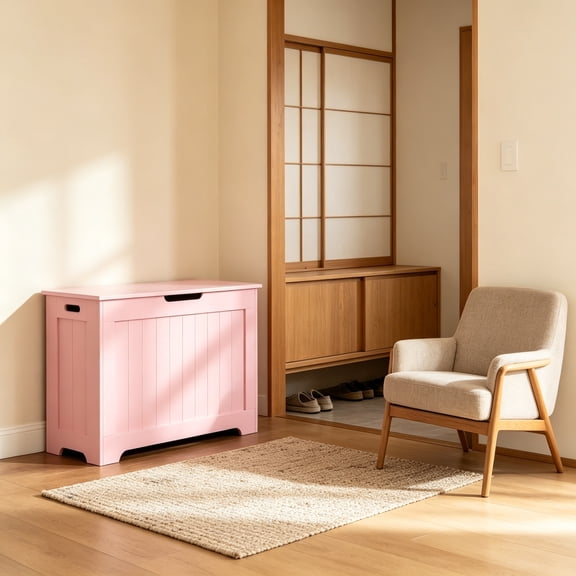 Storage Chest, 30" Chest Box Organizer with 2 Safety Hinges, Wooden Entryway Storage Bench, Pink