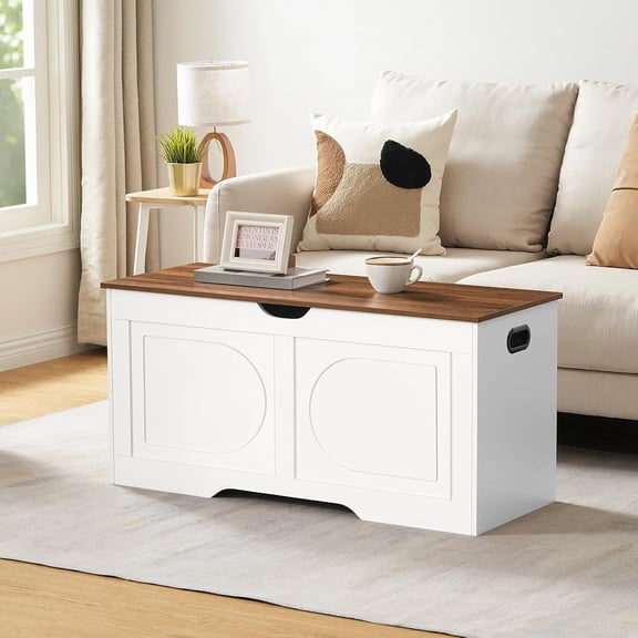 Storage Chest, 39.4” Toy Box, Entryway Storage Trunk, Shoe Bench with Storage, Engineered Wood Storage Cabinet with 2 Safety Hinges, Entrance Bench for Living Room, White + Walnut SCBZ2001