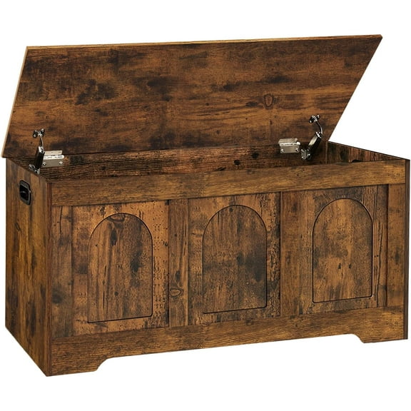 Storage Chest, 39.4”Wooden Storage Box with 2 Safety Hinges, Entryway Shoe Bench with Flip-Top, Trunk for Living Room, Bedroom, Easy Assembly, Rustic Brown