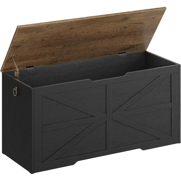 Storage Chest, 39.4" Wooden Storage Trunk, Modern Storage Bench with Safety Hinge, Toy Box, Farmhouse Style, for Bedroom, Living Room, Walnut and Black MCW10BL
