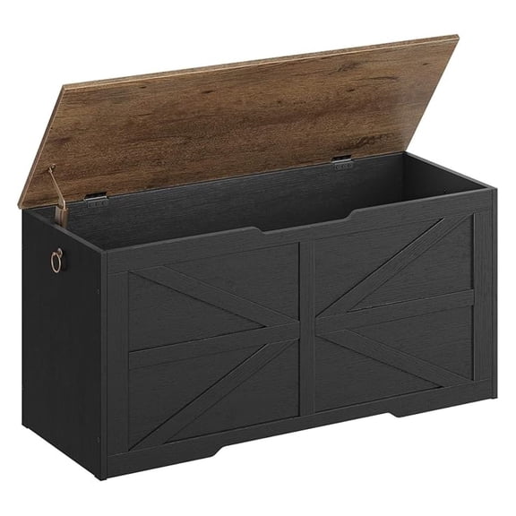 Storage Chest, 39.4" Wooden Storage Trunk, Modern Storage with Safety Hinge, Toy Box, Farmhouse Style, for Bedroom, Living Room, Walnut and Black MCW10BL