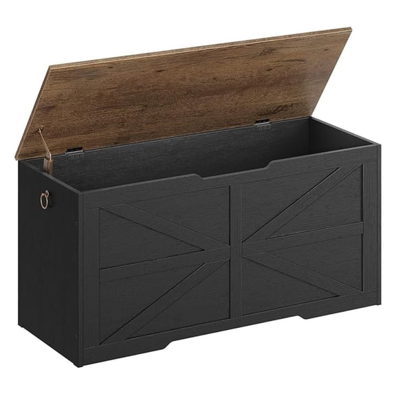 Storage Chest, 39.4" Wooden Storage Trunk, Modern Storage with Safety Hinge, Toy Box, Farmhouse Style, for Bedroom, Living Room, Walnut and Black MCW10BL
