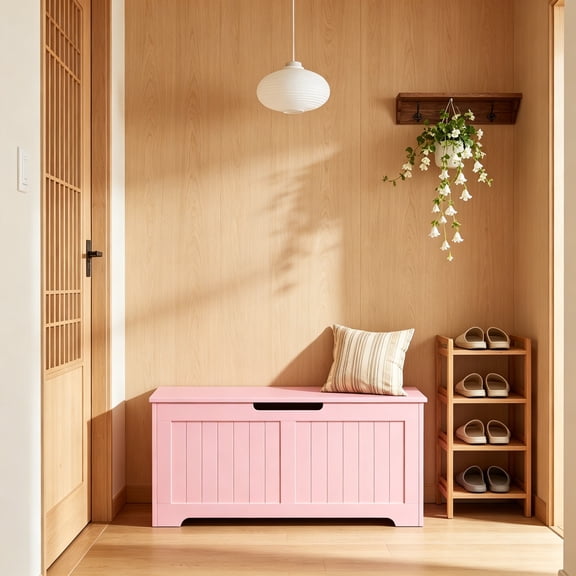 Storage Chest, 39 Inch Chest Box Organizer with 2 Safety Hinges, Wooden Entryway Shoe Organizer Storage Bench, Pink