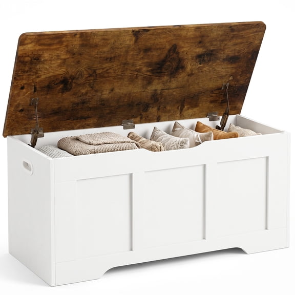 Storage Chest – 39" Wooden Storage Box with Flip-Top Lid, Safety Hinges, Storage Bench for Entryway Bedroom Living Room, Retro White Frame + Brown Top